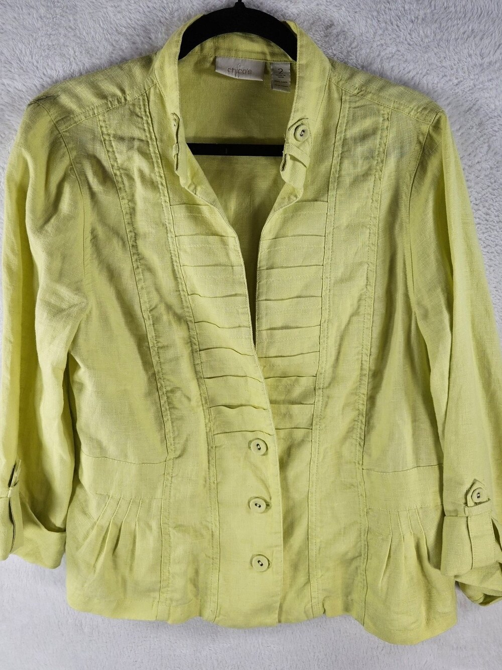 Chico's Blazer Jacket 100% Linen Pintuck Yellow Green Women's Size 2